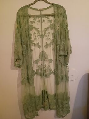 Anna-Kaci Sage Green Sheer Embroidered Lace Cardigan Sz L